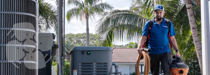 HVAC technician carrying a vacuum hose while servicing an outdoor air conditioning unit at a residential home with palm trees.