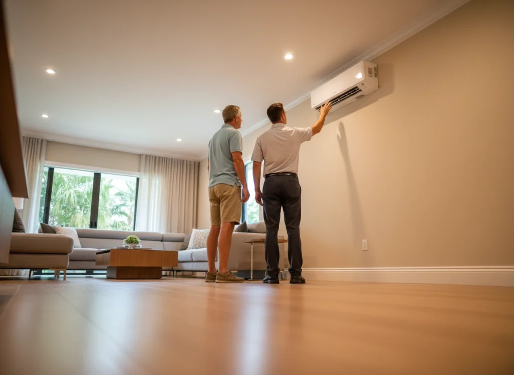 Homeowner and technician review ductless mini‑split option in home lacking ductwork