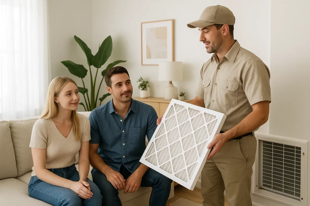 Homeowners consult HVAC technician about air purification upgrades in West Palm Beach