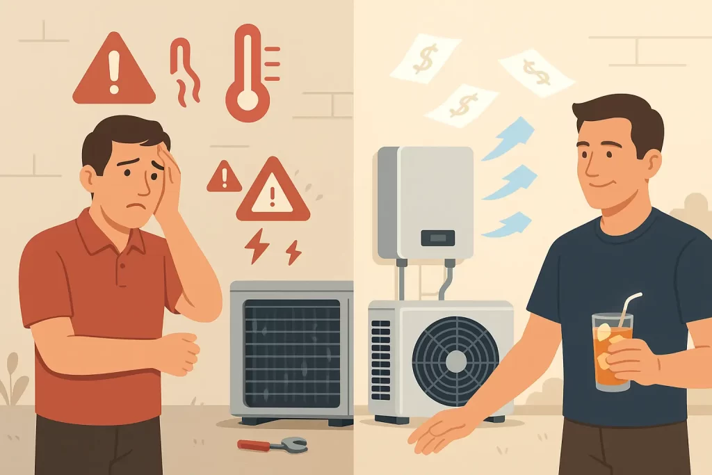Split‑scene old AC failing vs new efficient unit with cool airflow and homeowner comfort.