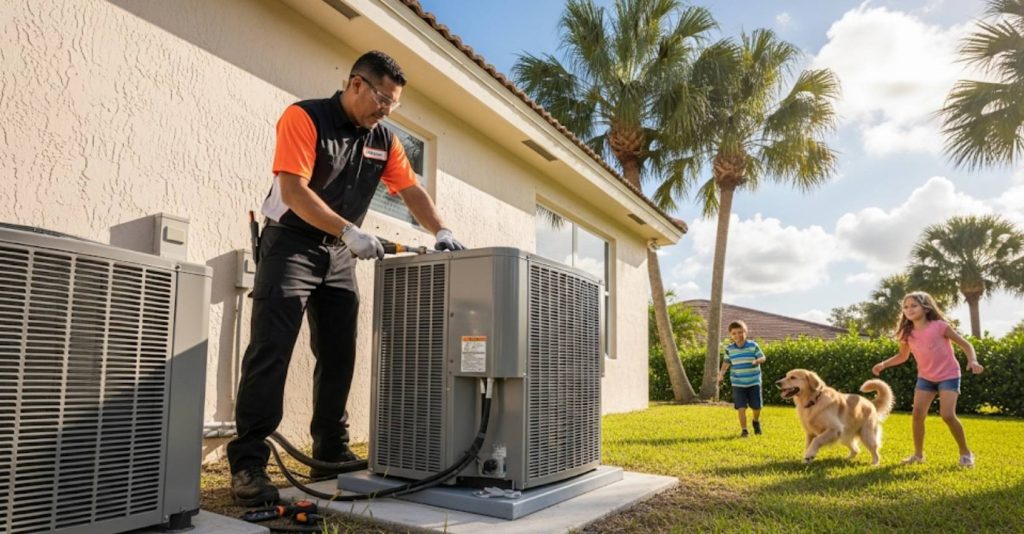 Technician setting up new condenser unit outside Florida home under sunny summer skies