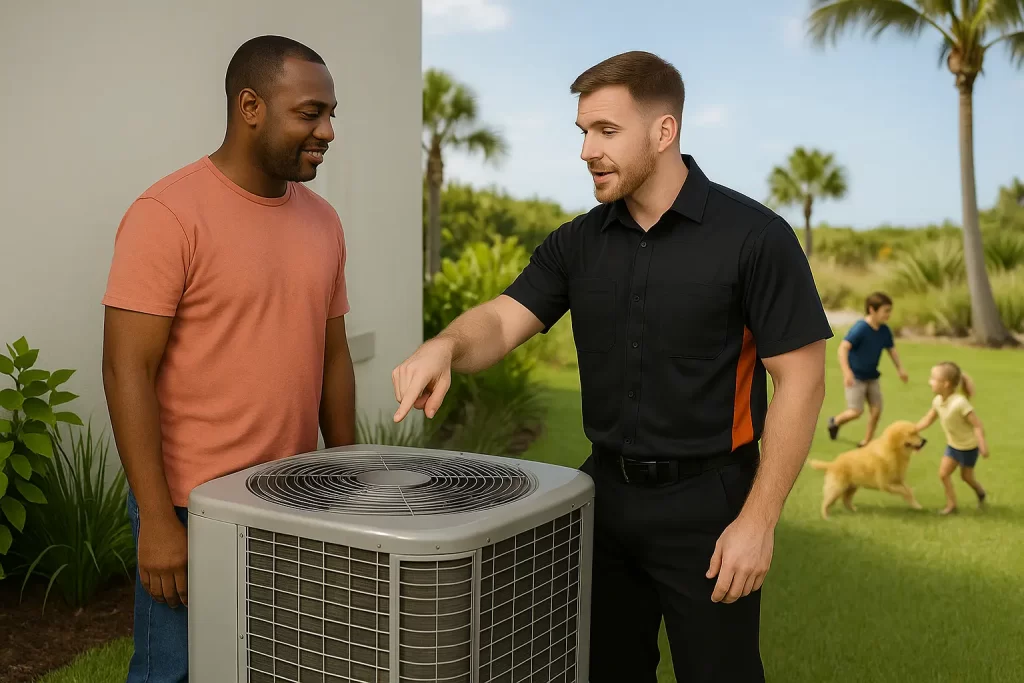 West Palm Beach homeowner and technician inspecting condenser coils with filter