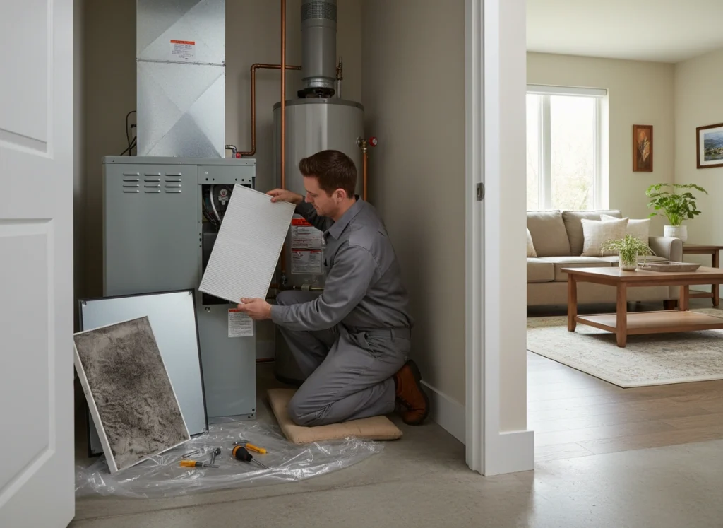 HVAC Tech changing an air filter in a home utility closet.