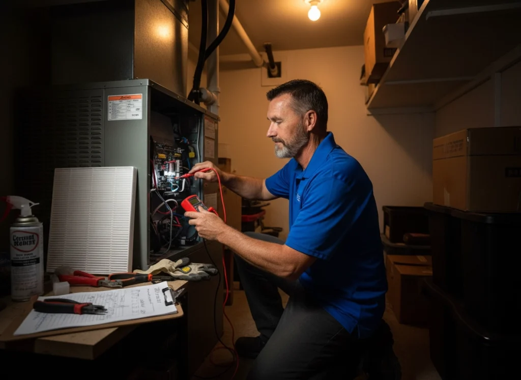 HVAC technician diagnosing indoor AC unit with multimeter and replacement filter