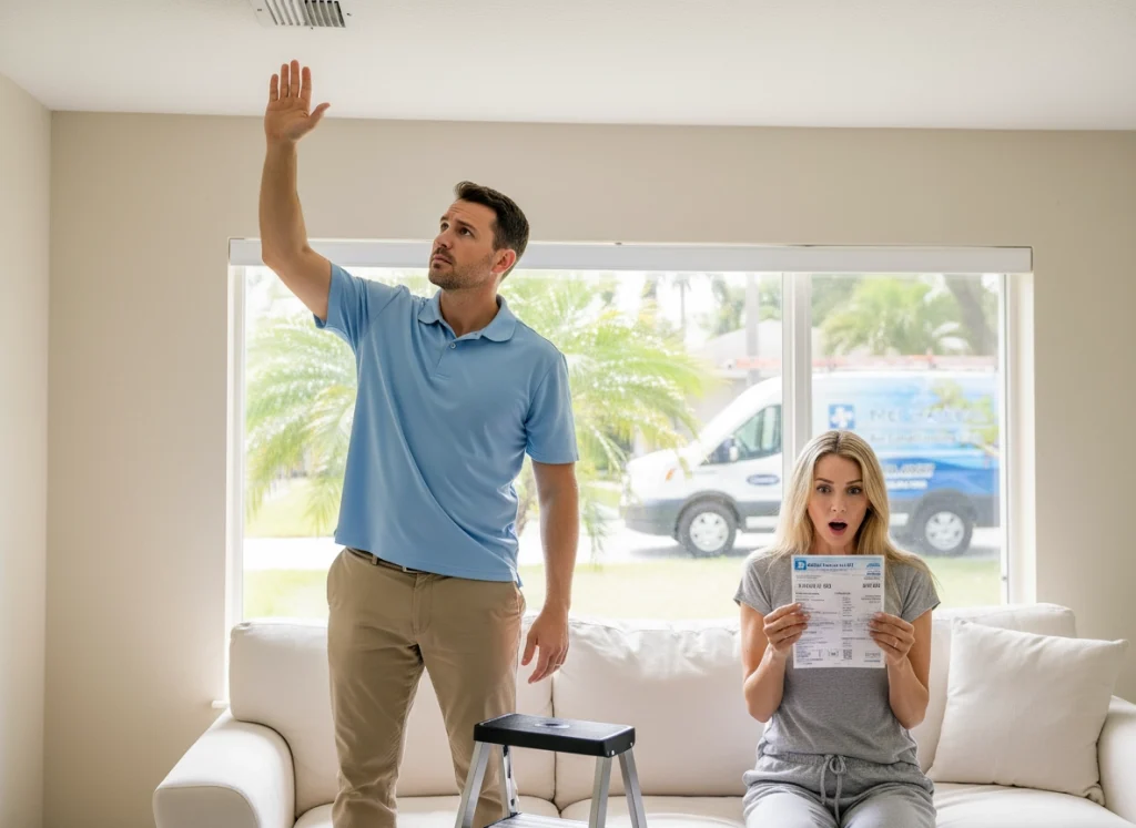 A homeowner couple shocked at their high electric bill.