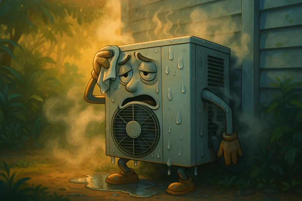 An Anthropomorphic AC Condenser unit sweating on the side of a house on a hot August day.