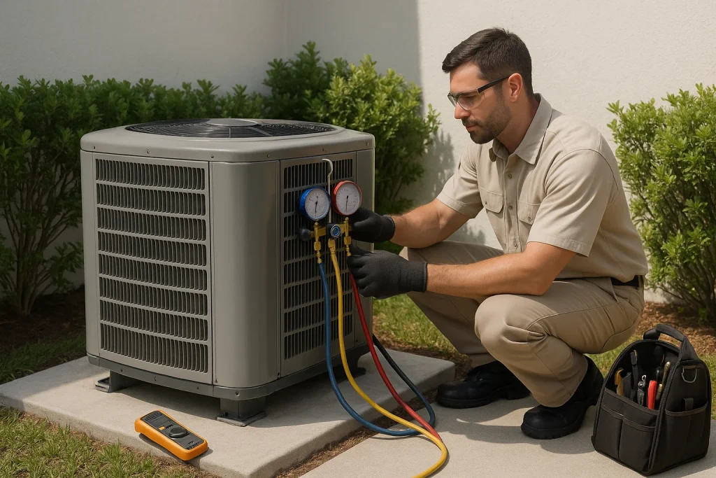 Technician checking refrigerant pressures with manifold gauges during AC tune-up