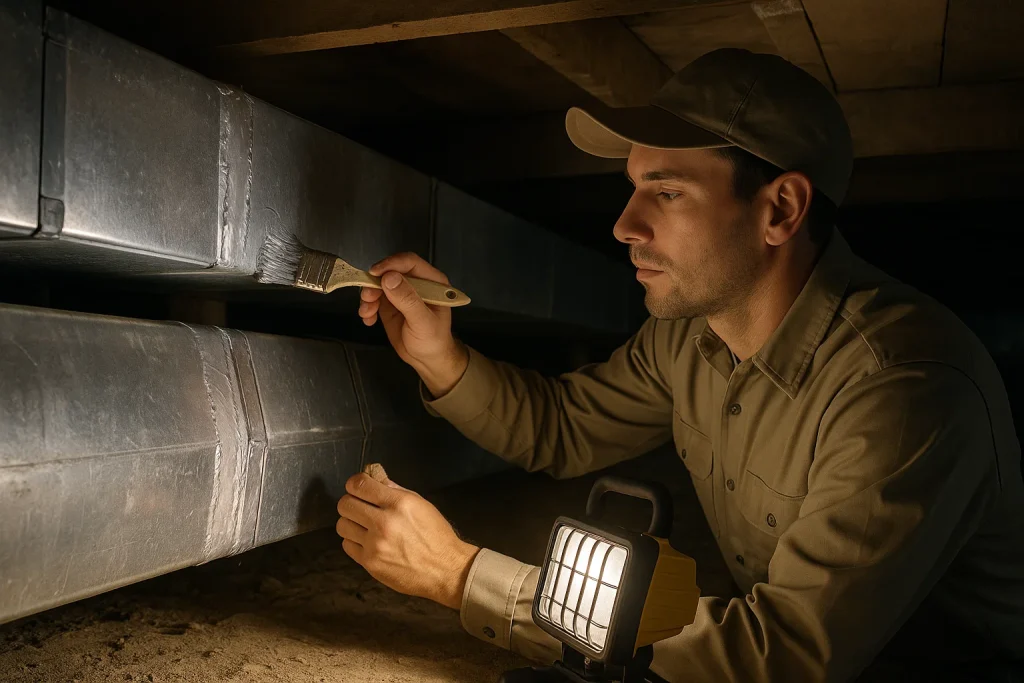 Technician applies mastic sealant to seams of metal ductwork in crawl space.