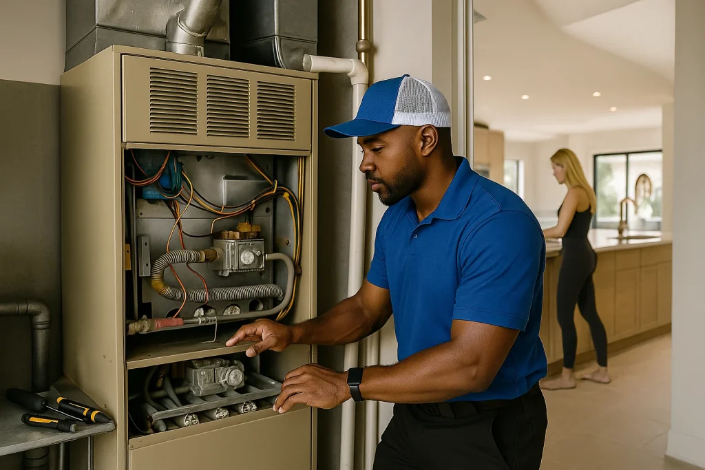 HVAC technician performing seasonal heating maintenance in a Florida home.