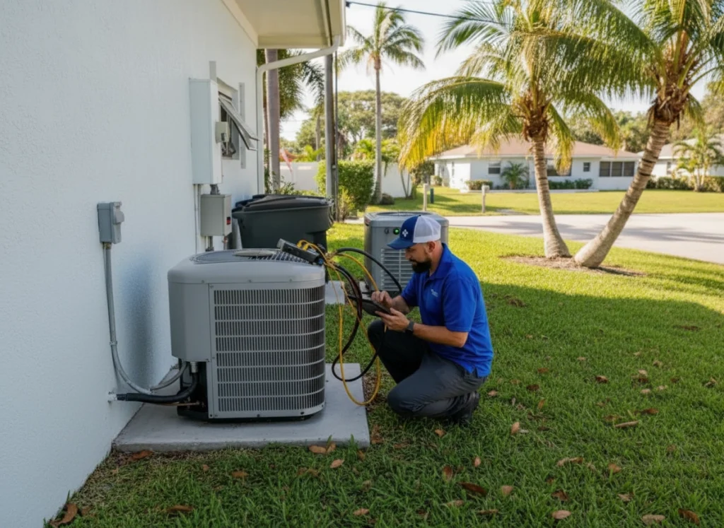 Technician inspecting outdoor heat pump unit in Florida backyard before cooler nights