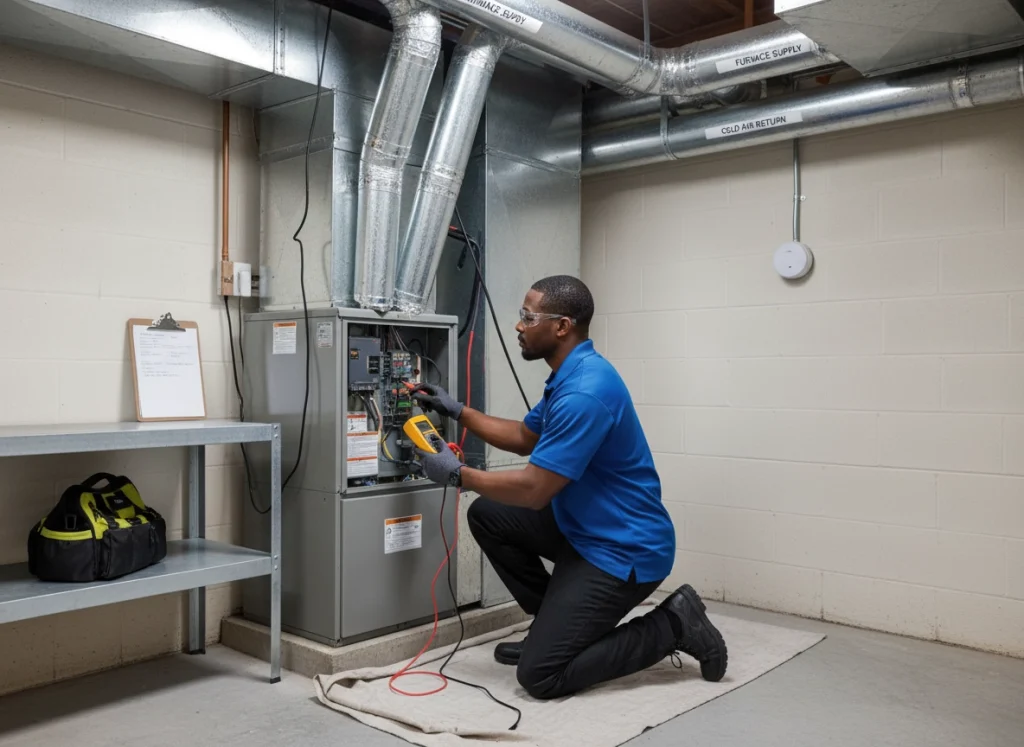 HVAC technician inspecting furnace wiring and ducts in basement as part of fall maintenance