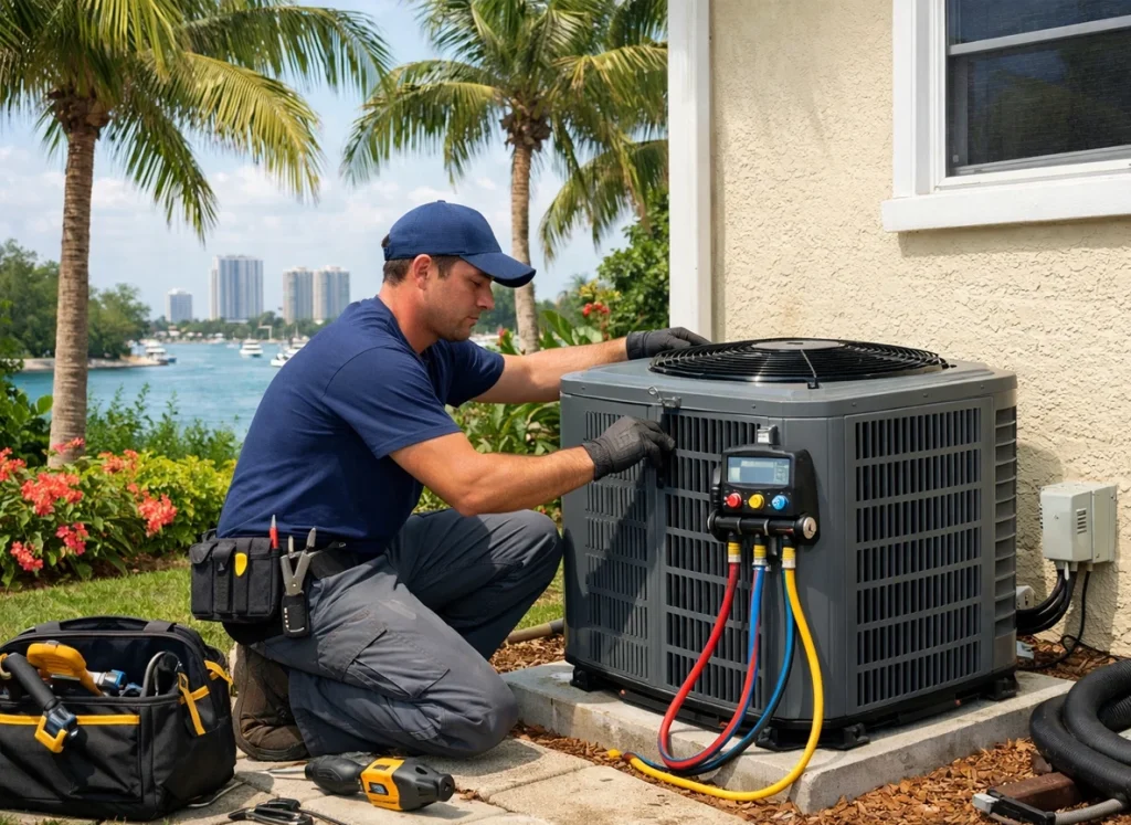 HVAC technician commissioning new AC condenser with gauges and electrical testing in South Florida