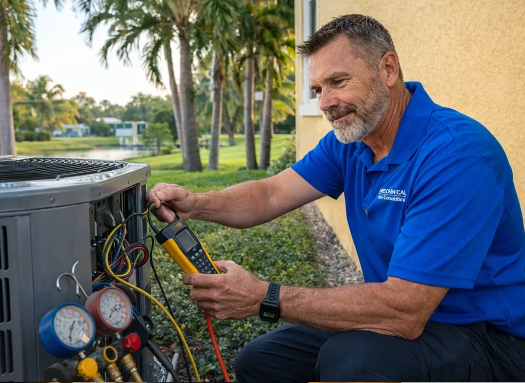 A mechanical air conditioning HVAC technician servicing a AC condenser unit.