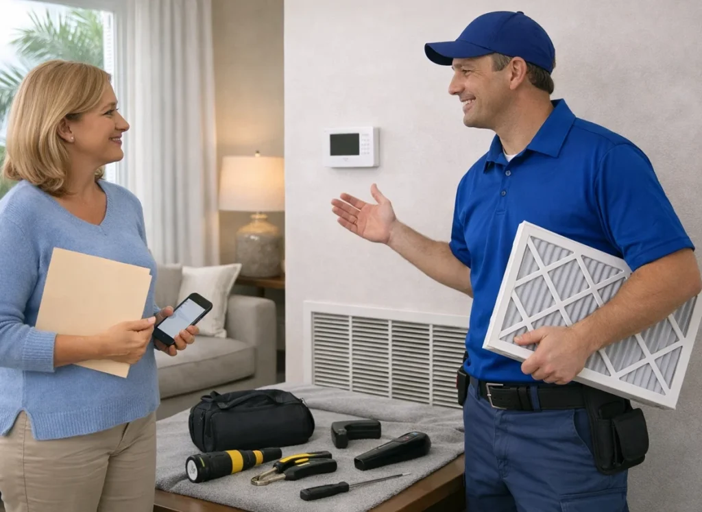 Homeowner and HVAC technician discussing annual maintenance contract benefits in Port St. Lucie Florida