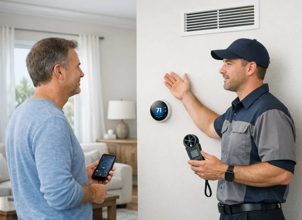 Homeowner and HVAC technician using smart thermostat strategies for mild Florida winters in Palm Beach and Treasure Coast