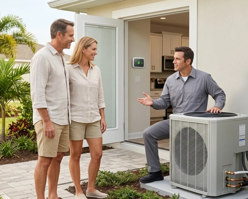 South Florida homeowners reviewing March AC installation with technician