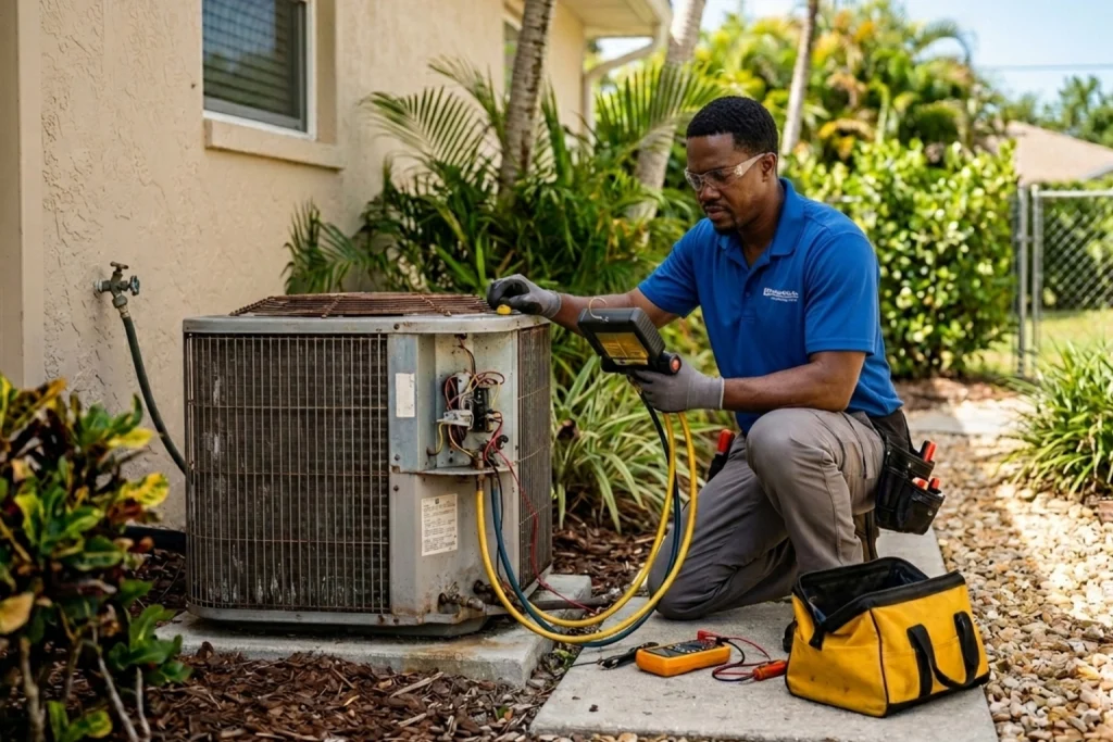 HVAC technician evaluating older AC system for Florida heat