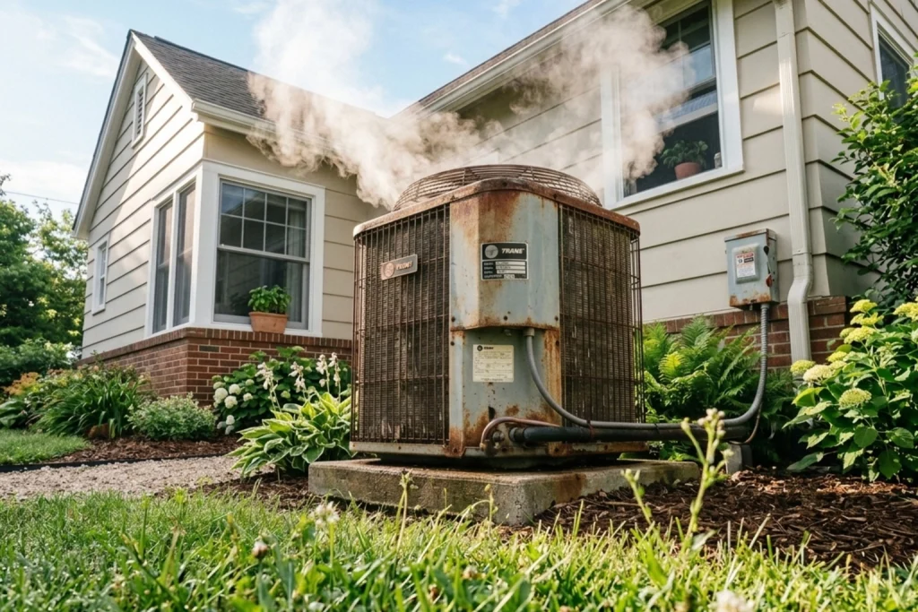 AC condenser unit on the side of house