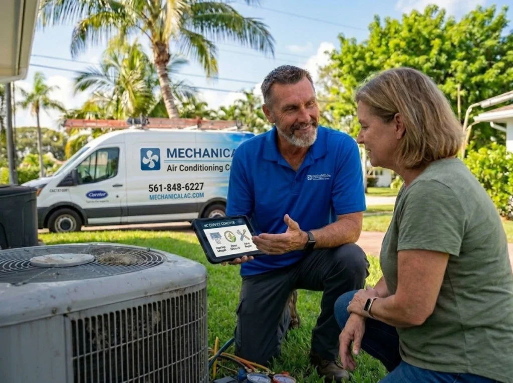 HVAC technician evaluating aging air conditioner for replacement