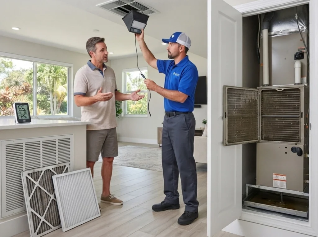 Palm Beach technician diagnosing weak AC airflow and excess humidity