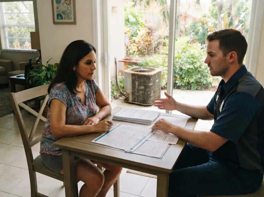 West Palm Beach homeowner comparing an aging AC with a high-efficiency replacement