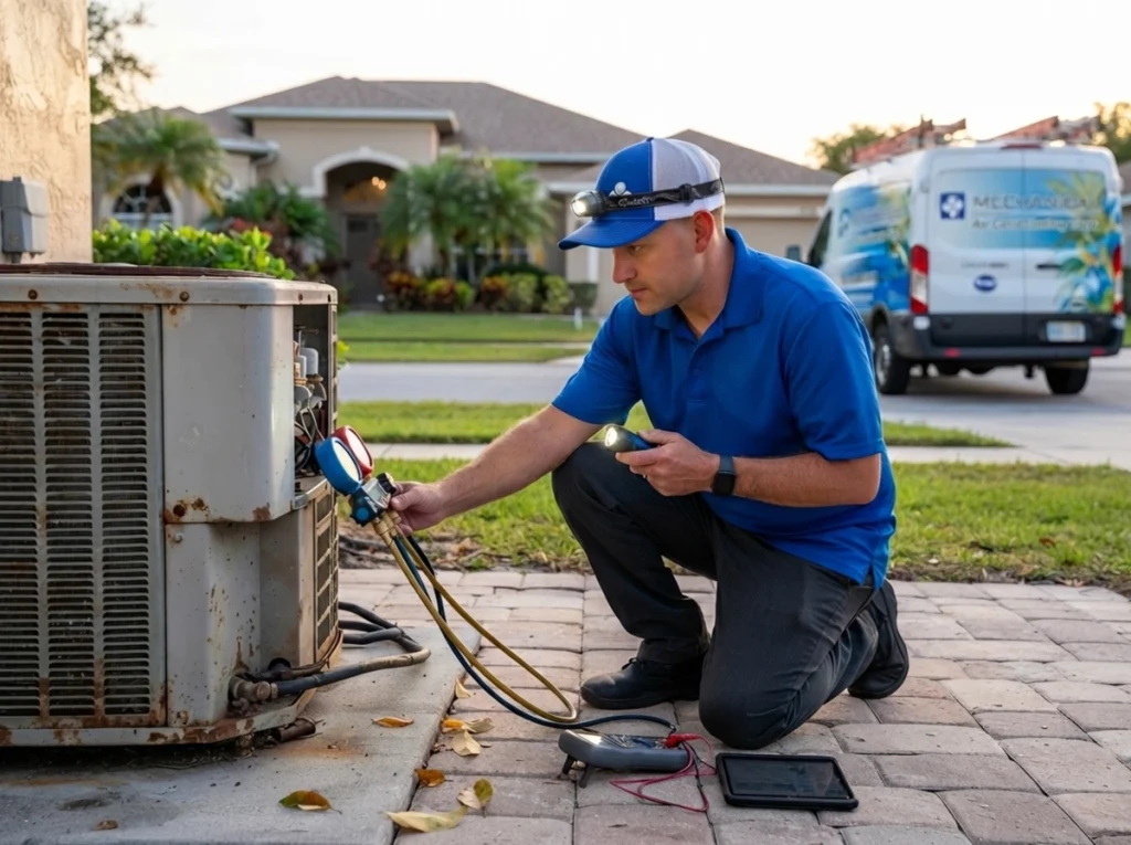 Technician inspecting outdoor heat pump unit in late summer light
