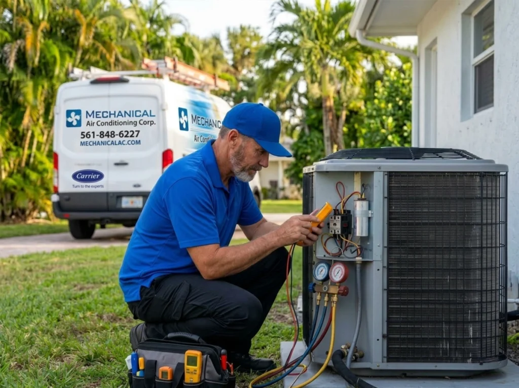 HVAC technician diagnosing end-of-summer air conditioner problems in West Palm Beach